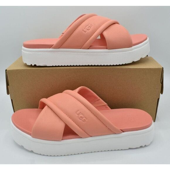 Ugg Womens Size 7 Zayne Crossband Starfish Pink Leather Platform Sandals Slides - Picture 1 of 11